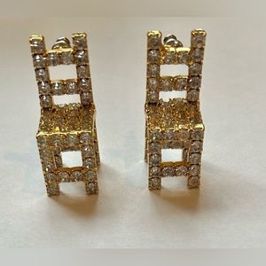 Vintage Signed Dorothy Bauer Gold Tone Rhinestone Chair Earrings